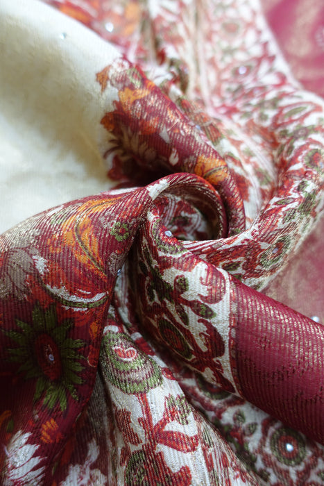 Cream & Red Floral Crepe Sari - New