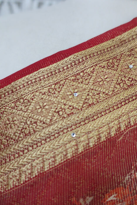 Cream & Red Floral Crepe Sari - New