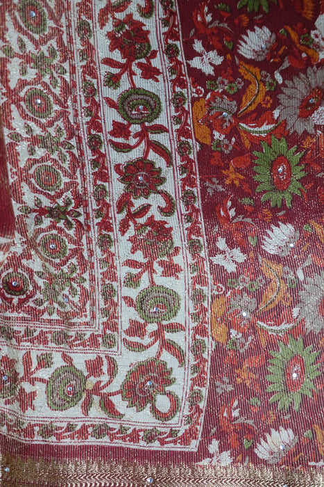 Cream & Red Floral Crepe Sari - New
