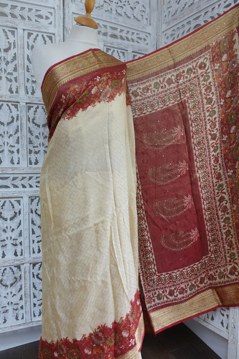 Cream & Red Floral Crepe Sari - New