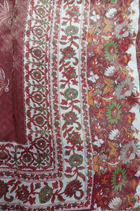 Cream & Red Floral Crepe Sari - New
