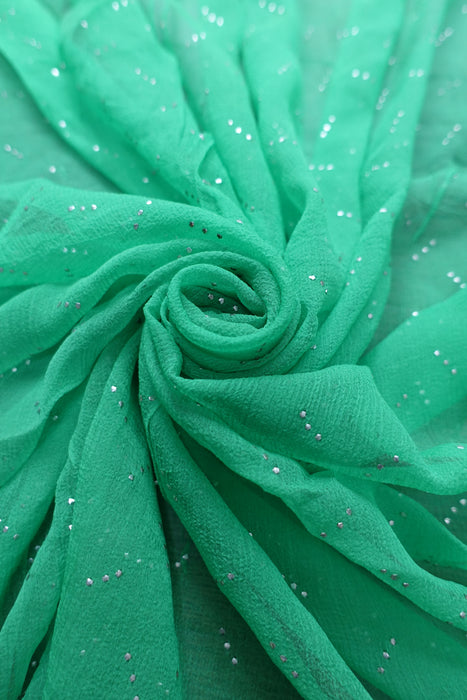 Bright Green Pure Silk Chiffon With Mukesh Sari - Preloved