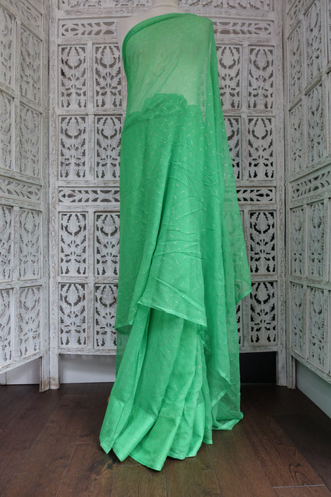 Bright Green Pure Silk Chiffon With Mukesh Sari - Preloved