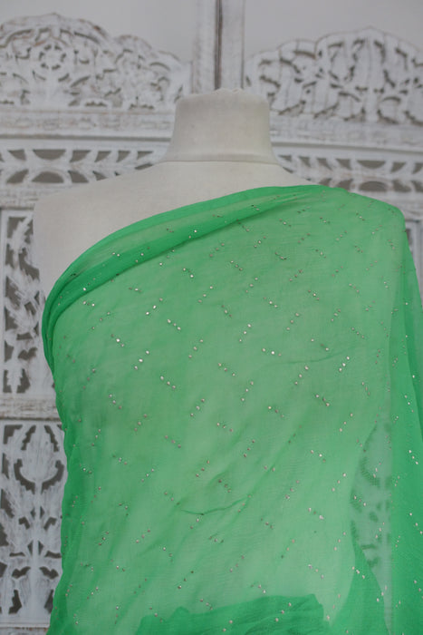 Bright Green Pure Silk Chiffon With Mukesh Sari - Preloved