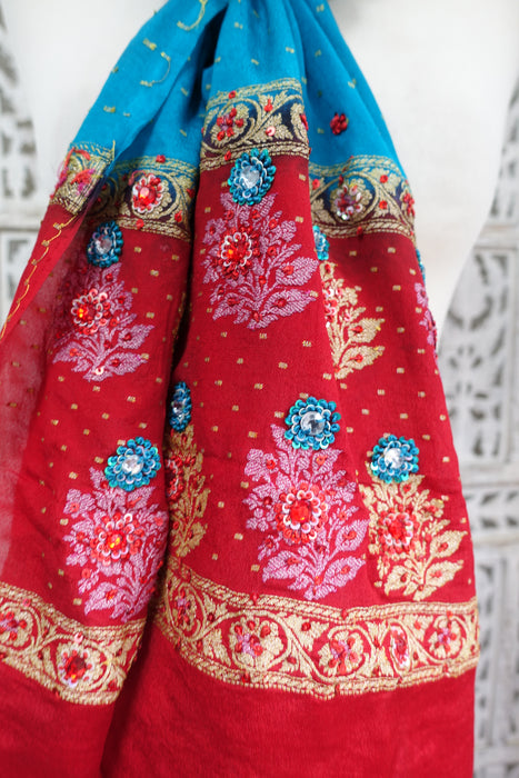 Blue & Red Vintage Silk Chiffon Scarf - Preloved