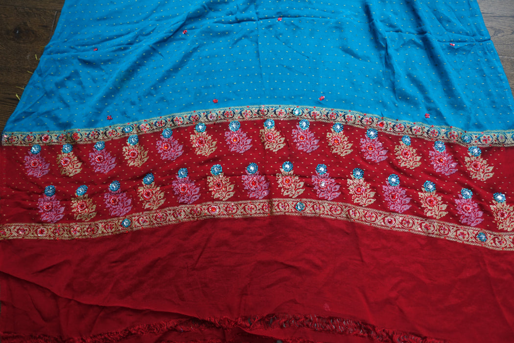 Blue & Red Vintage Silk Chiffon Scarf - Preloved