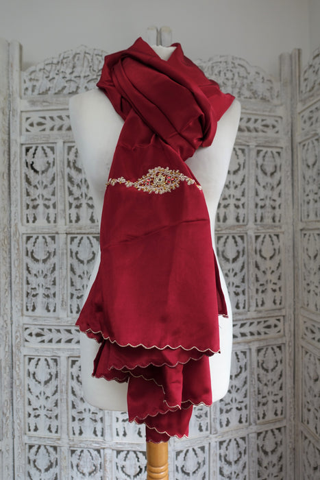 Red Crepe Dhabka Scarf - New