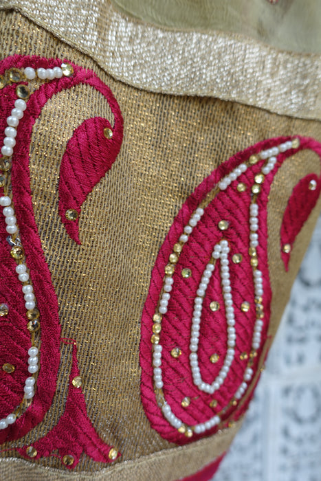 Creamy Gold With Red Paisley Braid - New - Indian Suit Company