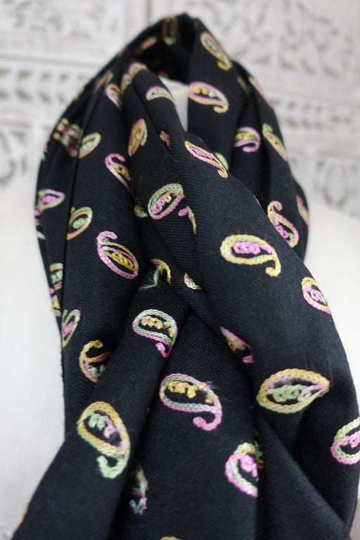 Black Small Paisley Embroidered Scarf - New - Indian Suit Company