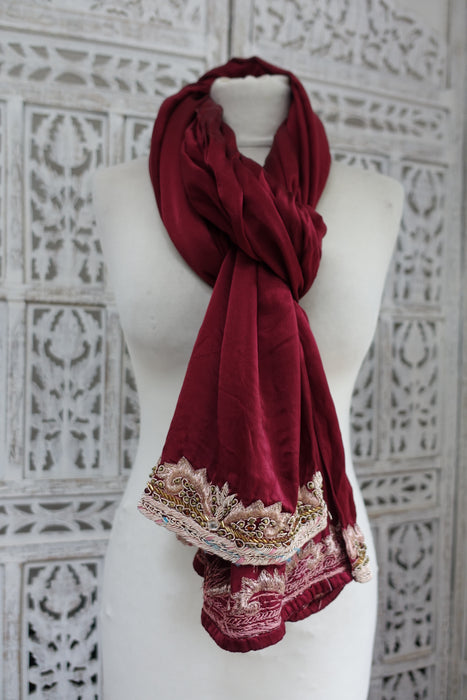 Dark Red Brushed Zardosi Silk Dupatta - Preloved