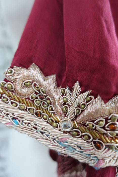 Dark Red Brushed Zardosi Silk Dupatta - Preloved