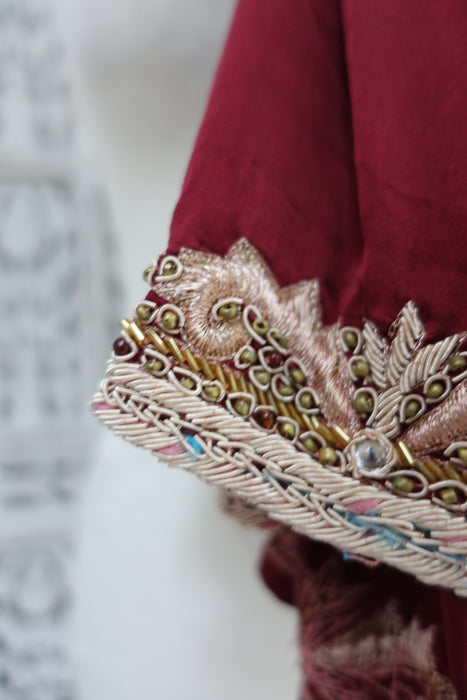 Dark Red Brushed Zardosi Silk Dupatta - Preloved