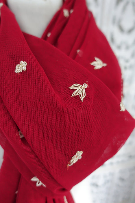 Dark Red Net Zardosi Vintage Wedding Dupatta - New
