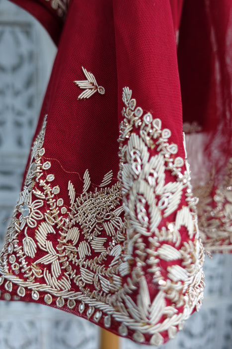 Dark Red Net Zardosi Vintage Wedding Dupatta - New