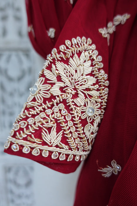 Dark Red Net Zardosi Vintage Wedding Dupatta - New