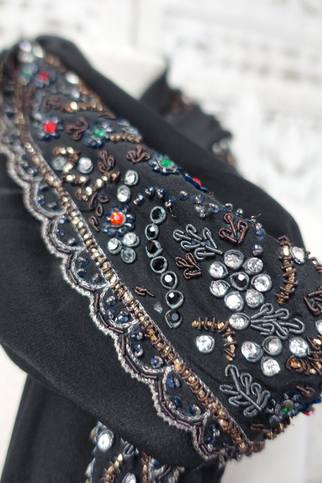 Black Crepe Silk Diamante Embellished Dupatta - Preloved