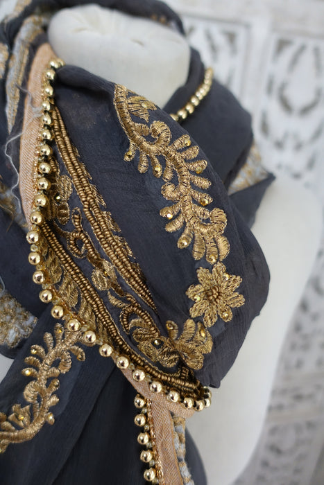 Charcoal Grey Embellished Dupatta - New