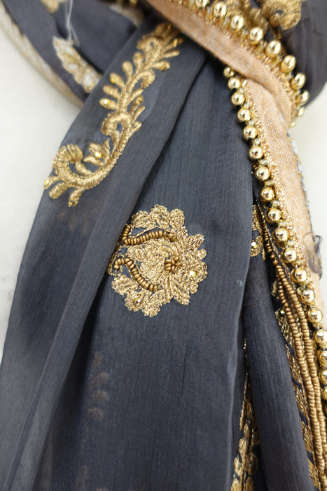 Charcoal Grey Embellished Dupatta - New