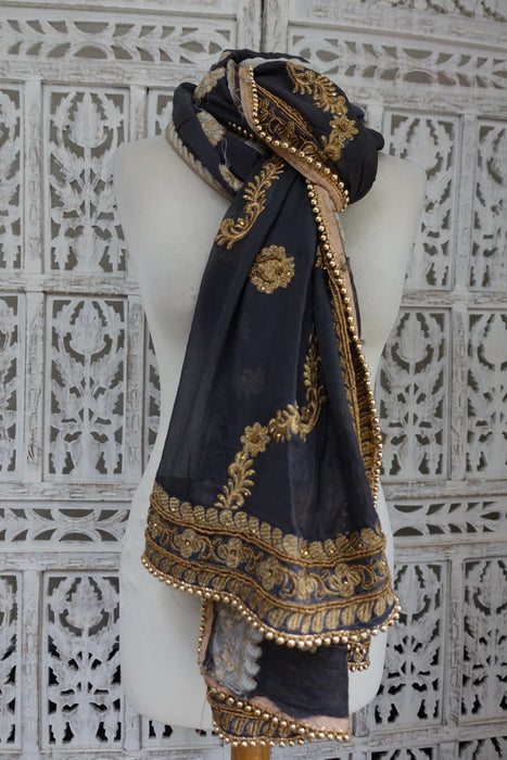 Charcoal Grey Embellished Dupatta - New