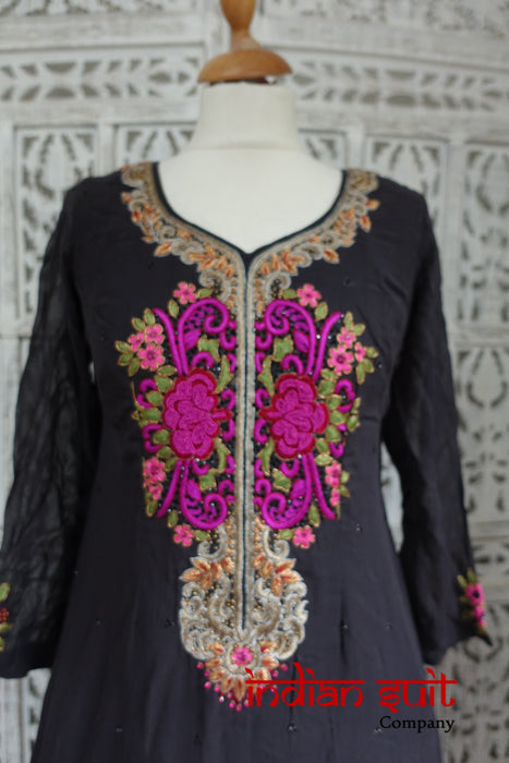 Grey & Purple Chiffon Salwar Kameez UK 10 / EU 36 - Preloved - Indian Suit Company