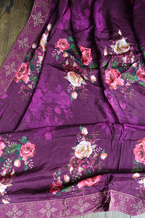 Plum Silk Salwar Suit With Floral Dupatta- UK 12/EU 38 - Preloved