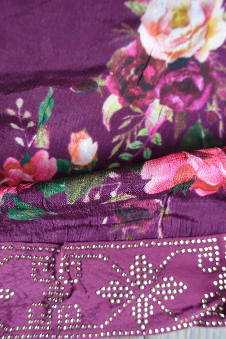 Plum Silk Salwar Suit With Floral Dupatta- UK 12/EU 38 - Preloved