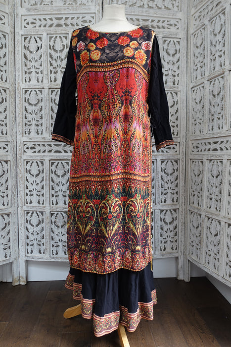 Black Orange Long Kameez - UK 12 / EU 38 - Preloved - Indian Suit Company