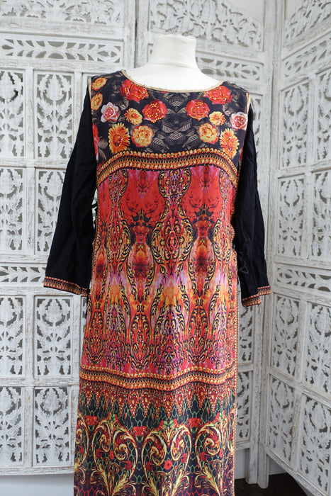 Black Orange Long Kameez - UK 12 / EU 38 - Preloved - Indian Suit Company