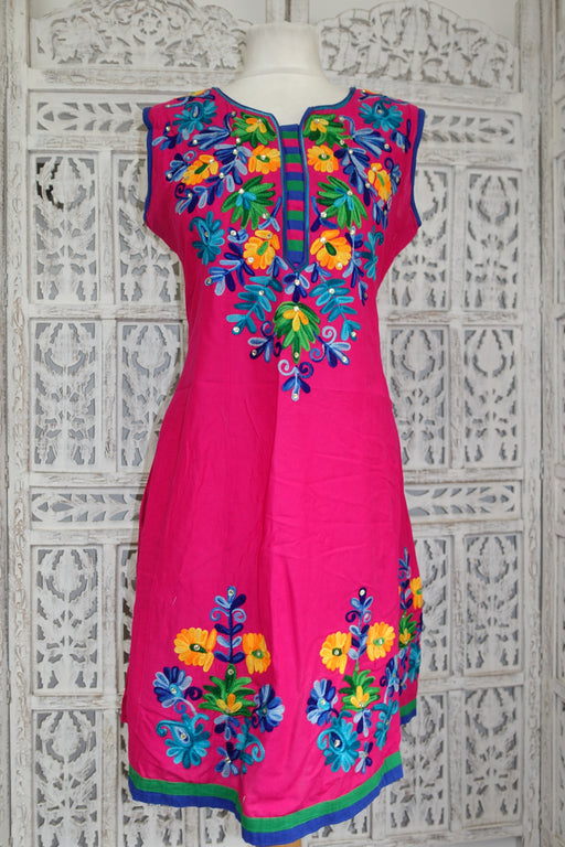 Pink Floral Crewel Tunic Cotton UK 12 / EU 38 - Preloved - Indian Suit Company