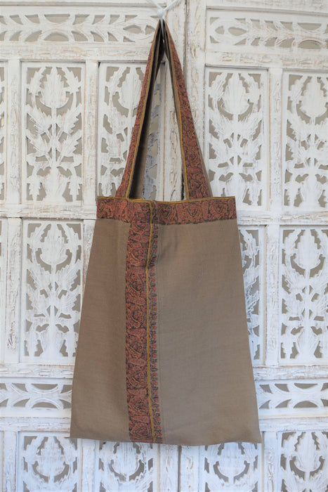 Taupe Wool Embroidered Tote Bag - New