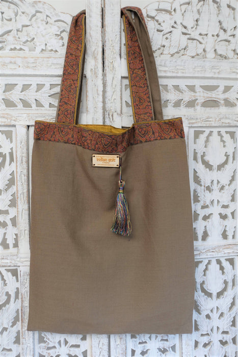Taupe Wool Embroidered Tote Bag - New