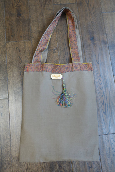 Taupe Wool Embroidered Tote Bag - New