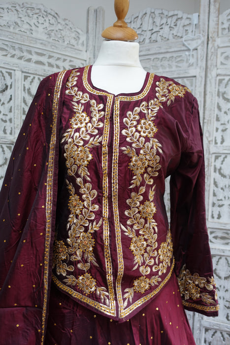 Maroon Vintage Pure Silk Lengha - UK Size 12/EU Size 38 - New
