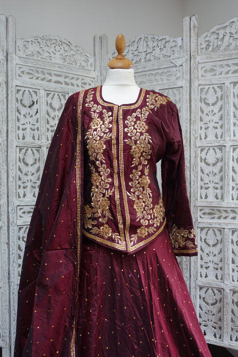 Maroon Vintage Pure Silk Lengha - UK Size 12/EU Size 38 - New