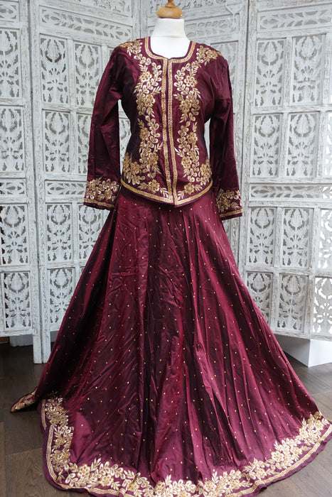 Maroon Vintage Pure Silk Lengha - UK Size 12/EU Size 38 - New