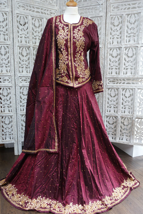 Maroon Vintage Pure Silk Lengha - UK Size 12/EU Size 38 - New