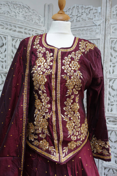 Maroon Vintage Pure Silk Lengha - UK Size 12/EU Size 38 - New