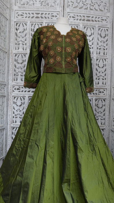 Olive Green Vintage 4Pc Lengha With Jacket - UK 16 / EU 42 - Preloved