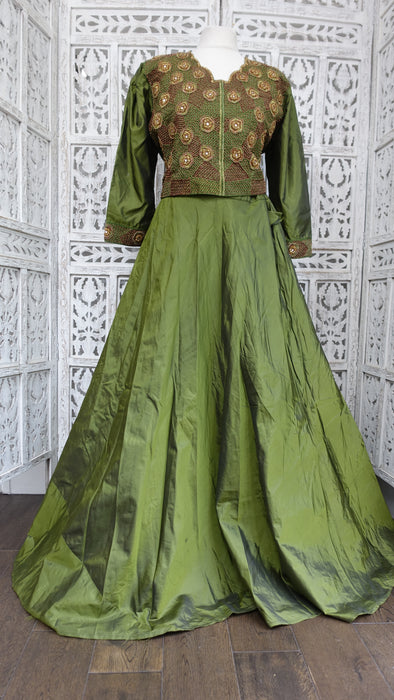 Olive Green Vintage 4Pc Lengha With Jacket - UK 16 / EU 42 - Preloved