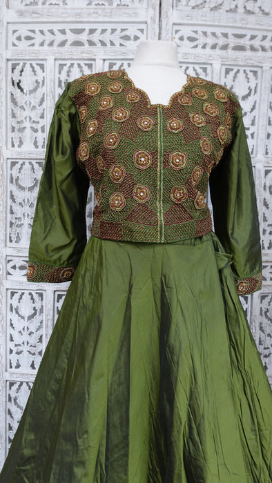 Olive Green Vintage 4Pc Lengha With Jacket - UK 16 / EU 42 - Preloved