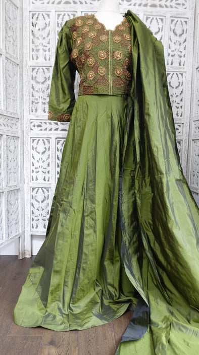 Olive Green Vintage 4Pc Lengha With Jacket - UK 16 / EU 42 - Preloved