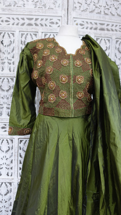 Olive Green Vintage 4Pc Lengha With Jacket - UK 16 / EU 42 - Preloved