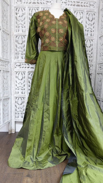 Olive Green Vintage 4Pc Lengha With Jacket - UK 16 / EU 42 - Preloved