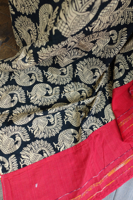 Red And Black Cotton Sari With Blouse Piece - New
