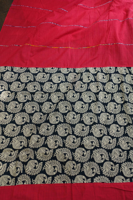 Red And Black Cotton Sari With Blouse Piece - New