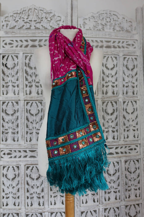 Teal & Pink Vintage Silk Dupatta - Preloved