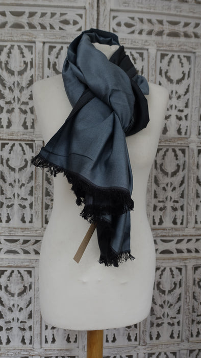 Steel Grey And Black 2 Tone Reversible Pure Silk Scarf - New