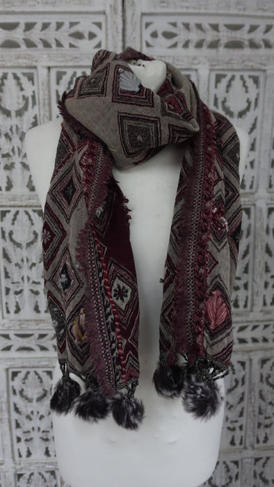 Winter Warm Brown And Plum Pure Wool Handloom Scarf With Bobbles