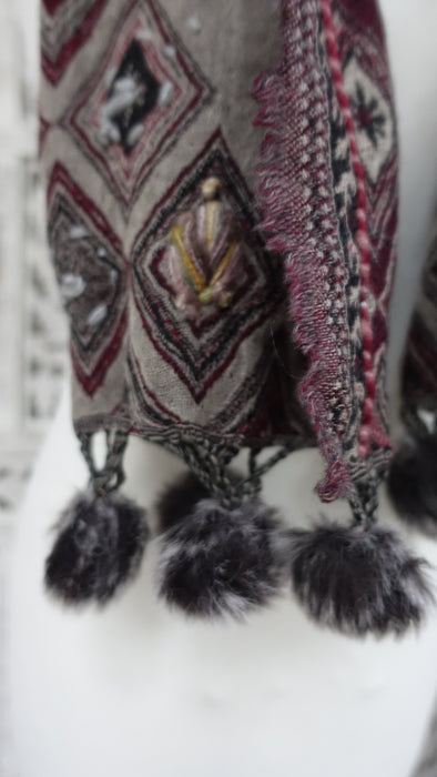 Winter Warm Brown And Plum Pure Wool Handloom Scarf With Bobbles