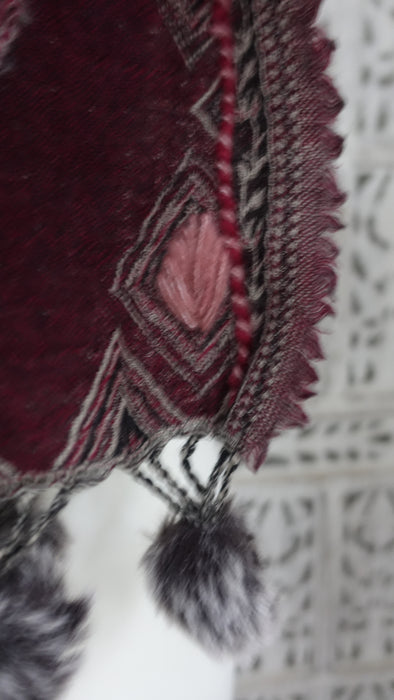 Winter Warm Brown And Plum Pure Wool Handloom Scarf With Bobbles